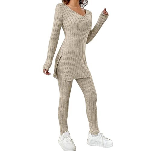 2024 Jogginganzug Damen Warm Winter Trainingsanzug Hose Sweatshirt Fitnessanzug Outfits Set Langarm V-Ausschnitt Schlitz Saum T-Shirt Hohe Taille Hosen Trainingsanzug Schwarzer Jumpsuit (A, M) von bgyujn