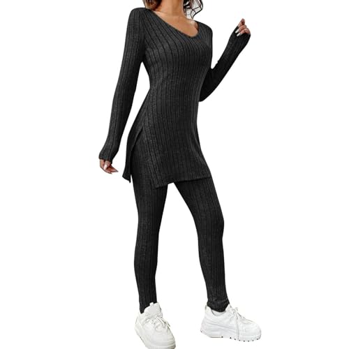 2024 Jogginganzug Damen Warm Winter Trainingsanzug Hose Sweatshirt Fitnessanzug Outfits Set Langarm V-Ausschnitt Schlitz Saum T-Shirt Hohe Taille Hosen Trainingsanzug Schwarzer Jumpsuit (Black, M) von bgyujn