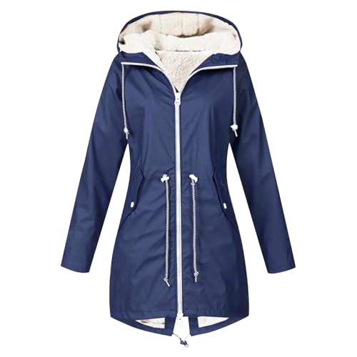 Damen Elegant Regenmantel Lässig Regenjacke Mit Taschen Leichter Langärmliger Windjacke Mit Reißverschluss Kordelzug Regenmantel Winterjacke Damen Lang Lockere Einfarbig Wintermantel (Navy, XL) von bgyujn