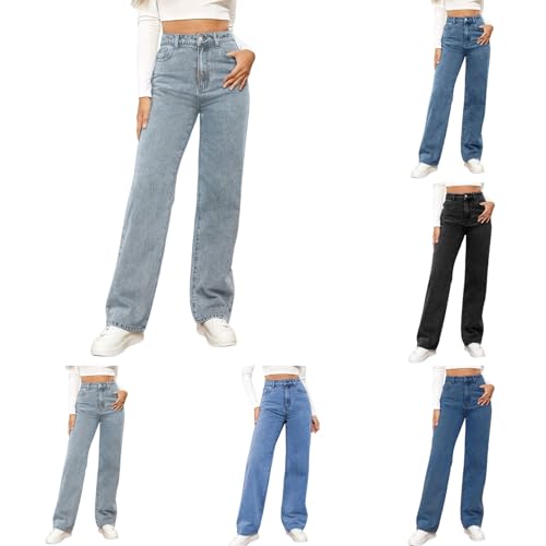 Damen Jeans Einfarbig Lässig Straight Leg Jeanshose Streetware High Waist Bequeme Damenhose Freizeit Gearde Bein Jeanshosen Mit Taschen Modische Klassisch Hose Prämie Einfach Hosen (Light Blue-A, S) von bgyujn
