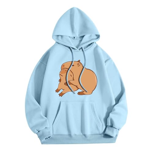 Damen Sweatshirt Mit Capybara Druck Pullover Teenager Mädchen Hoodie Kapuzenpullover Niedliche Print Langarm Winter Oberteile Cartoon Pulli Mode Streetware Top Sweatshirts Hoodie (Light Blue-2, S) von bgyujn