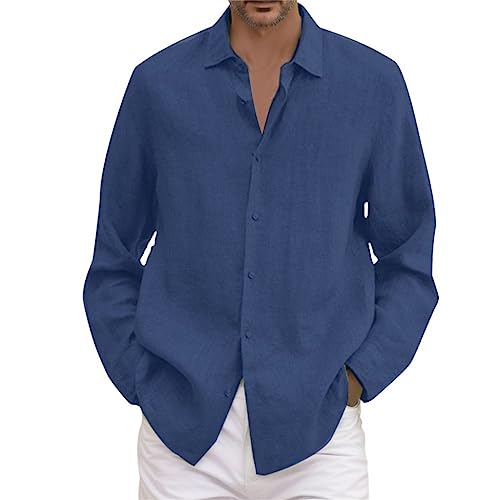 Leinenhemd Herren Langarm Sommerhemd Leinen Leichte Hemden Lockere Freizeithemden Hemd Langarmhemd Regular Fit Strandhemd Baumwolle Business Linen Shirt Sommer Freizeithemd Casual (2-Blue, XXXXXL) von bgyujn