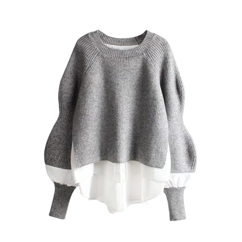 Pullover Damen Weiß Strick Modern Casual Bequemer Oberteil Damen-Hemd, Patchwork-Pullover, Pullover, Modische Ärmel, Faux-Zweiteiler, Stilvolle Vielseitige Strickwaren Strickpullover (Grey, One Size) von bgyujn