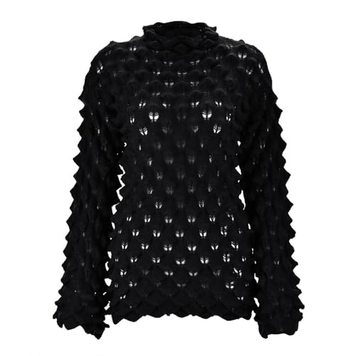 Schöner Damenpullover Mit Mittlerem Stehkragen Ausgestellten Ärmeln, Fischschuppen-Stretchpullover Pullover Damen Damen Elegant Strick Pullover Atmungsaktiv Tops Mode Casual Strick Tops (Black, Xxl) von bgyujn