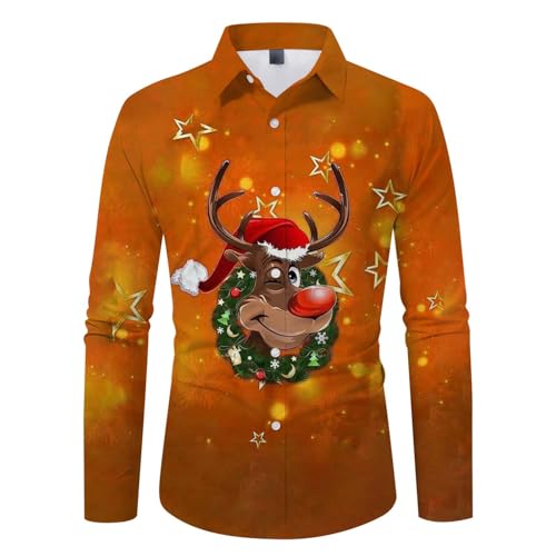 Weihnachtshemd Herren Lustig Party Herrenhemd Weihnachtshemd Lässig Langes Ärmeln Oberteil Beuqemer Hemd Herren Langarm Modische Winter Mode Freizeithemden Für Herren (Orange, M) von bgyujn