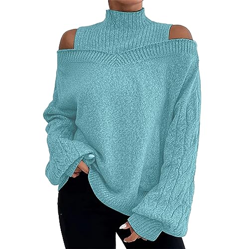 -Winter-Strickpullover, Dicker Fadenpullover, Rollkragenpullover, Schulterfrei Enger Pullover Damen Basic Pullover Damen Weiß Strick Pulli Oberteile Strickpullover (Mint Green, L) von bgyujn