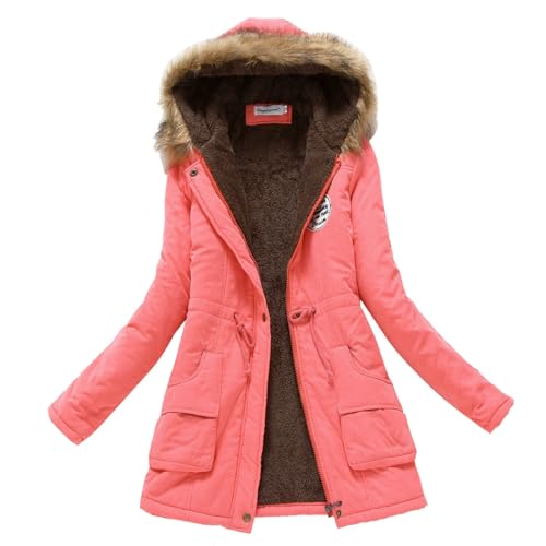 Wintermantel Damen Lang Warm Verdicke Fleece Damenjacke Modisch Gefüttert Schneemantel Elegante Steppmantel Damen Winter Outdoor Casual Sportjacke Winterjacke Damen Grosse Grössen (Watermelon Red, M) von bgyujn