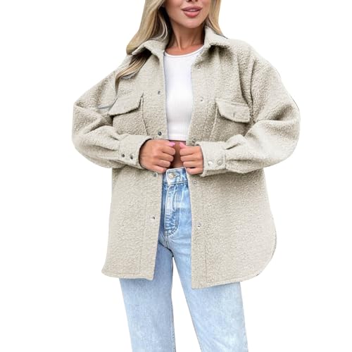 bgyujn Damen-Fleece-Hemdjacke, Übergroße, Lange Shacket-Jacke Mit Knopfleiste Taschen Mantel Damen Fleece Plüsch Verdickt Übergangsjacke Pullover Einfarbig Freizeitjacke Für Winter (Beige, Xl) von bgyujn