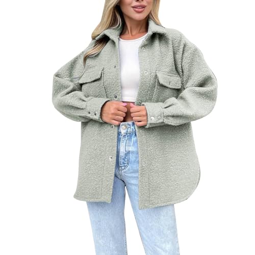 bgyujn Damen-Fleece-Hemdjacke, Übergroße, Lange Shacket-Jacke Mit Knopfleiste Taschen Mantel Damen Fleece Plüsch Verdickt Übergangsjacke Pullover Einfarbig Freizeitjacke Für Winter (Green, L) von bgyujn