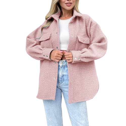 bgyujn Damen-Fleece-Hemdjacke, Übergroße, Lange Shacket-Jacke Mit Knopfleiste Taschen Mantel Damen Fleece Plüsch Verdickt Übergangsjacke Pullover Einfarbig Freizeitjacke Für Winter (Red, Xl) von bgyujn