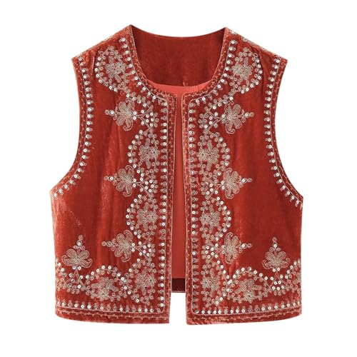 bgyujn Damen Retro Pailletten Mode Lässig Bestickte Samt Weste Jacke Kleid Mantel Damen Damen Jacke Elegant Baggy Atmungsaktiv Streetware Damen Jacke (Red, L) von bgyujn
