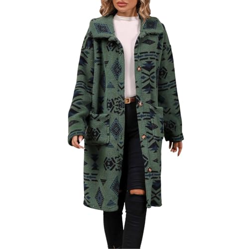 Damen Winter Einreihige Ethno-Stil Bedruckte Plüsch-Langmanteljacke Mäntel Damen Trenchcoat Verdickter Mantel Fleece Lockere Plüschjacke Warm Fleecejacke Mit Tasche (Green, Xl) von bgyujn