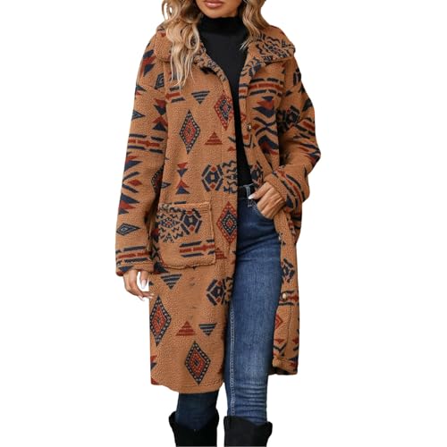 Damen Winter Einreihige Ethno-Stil Bedruckte Plüsch-Langmanteljacke Mäntel Damen Trenchcoat Verdickter Mantel Fleece Lockere Plüschjacke Warm Fleecejacke Mit Tasche (Khaki, Xl) von bgyujn
