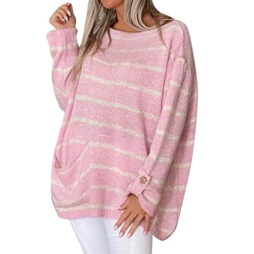 bgyujn Einfarbiger Pullover Mit Kontraststreifen Rundhalsausschnitt, Lockerer Pullover Für Frauen Vintage Hoodie Damen Strickpullover Damen Rundhals Elegant Einfarbig Weich Pullover (Pink, L) von bgyujn