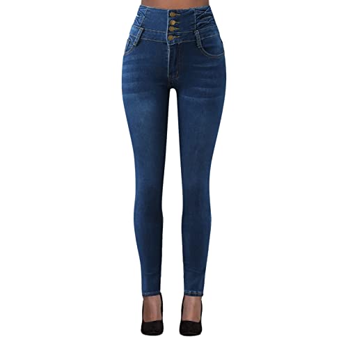 bgyujn Fit Skinny Jeans Reizvolle Jeans-Schnipsel mit Hohem Bund Slim-Fit Vier-Knopf-Damen-Stretch Jeggings Große Größen Lässige Damenje Freizeithose Elastische Jeanshose Damen (Dark Blue, M) von bgyujn