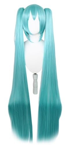 bi bi hou Miku Cosplay Perücke Gerade Lange Doppelte Pferdeschwanz Anime Cosplay Verkleidung Miku Wig Halloween Karneval Party Lolita Cosplay Kostüm Zubehör Perücke 110cm Lang Zöpfen Aqua Blau von bi bi hou