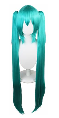 bi bi hou Miku Cosplay Perücke Gerade Lange Doppelte Pferdeschwanz Anime Cosplay Verkleidung Miku Wig Halloween Karneval Party Lolita Cosplay Kostüm Zubehör Perücke 110cm Lang Zöpfen Blaugrün von bi bi hou