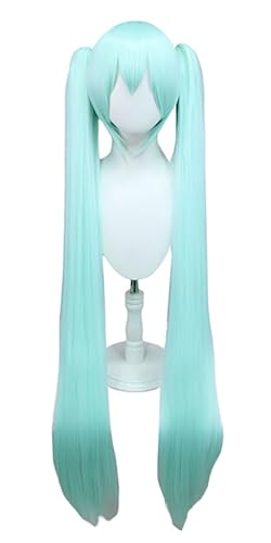 bi bi hou Miku Cosplay Perücke Gerade Lange Doppelte Pferdeschwanz Anime Cosplay Verkleidung Miku Wig Halloween Karneval Party Lolita Cosplay Kostüm Zubehör Perücke 110cm Lang Zöpfen Eisblau von bi bi hou