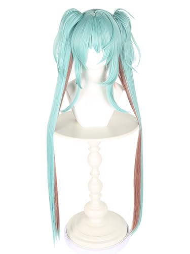 bi bi hou Miku Cosplay Perücke Gerade Lange Pferdeschwanz Anime Verkleidung Little Devil Miku Wig Halloween Karneval Party Lolita Cosplay Zubehör Perücke 100cm Lang Zöpfen Grün Gemischt Braun von bi bi hou