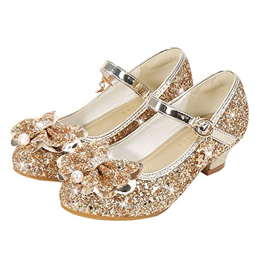 Prinzessin Schuhe Mädchen Cosplay Schuhe ELSA Glitzer Sandalen mit Pailletten Performance Tanzschuhe mit Absatz Partei Glitzer Pumps Mary Jane Schuhe Lederschuhe Mädchen (Gold-a, 28 Little Kid) von biJerou