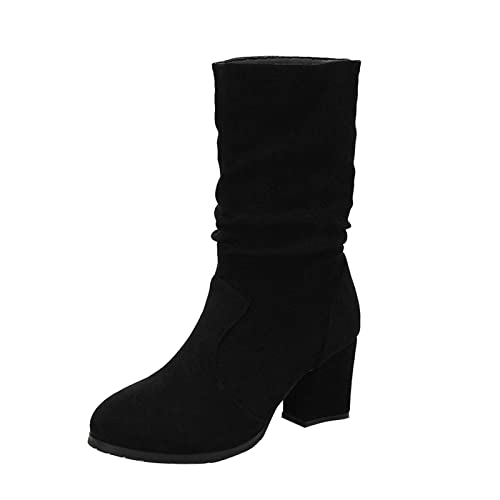 biJerou Boots Damen Winter Mode Einfache Mode Einfache mit Klobiger Absatz Velour Halbhoch Damenstiefel Elegant und Bequem Alltagsschuhe Kurzschaft Stiefel Winterstiefel Damen Stiefel von biJerou