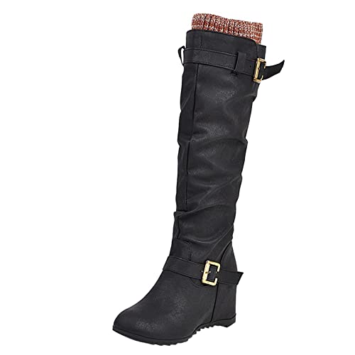 biJerou Boots Damen Winter Mode Hohe Stiefel mit Keilabsatz Plattform Senioren-Winterstiefel mit Schnalle Kunstleder Stiefel mit Zipper Rutschfeste Damenstiefel Freizeit Schuhe Damen Stiefel von biJerou