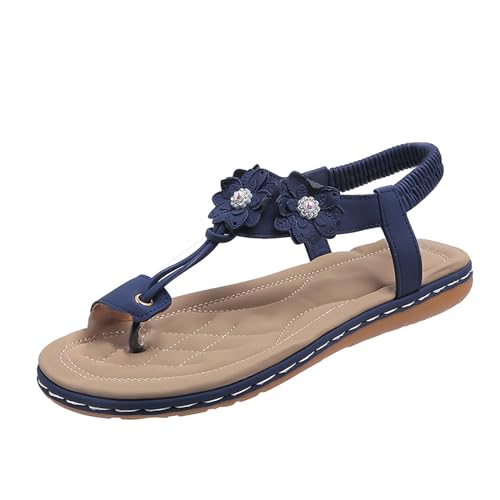 biJerou Damen Casual Pearl Clip Toe Flache römische Schuhe Sommermode Damen Sandalen Prinzessin Schuhe Damen Absatz (Blue, 41) von biJerou