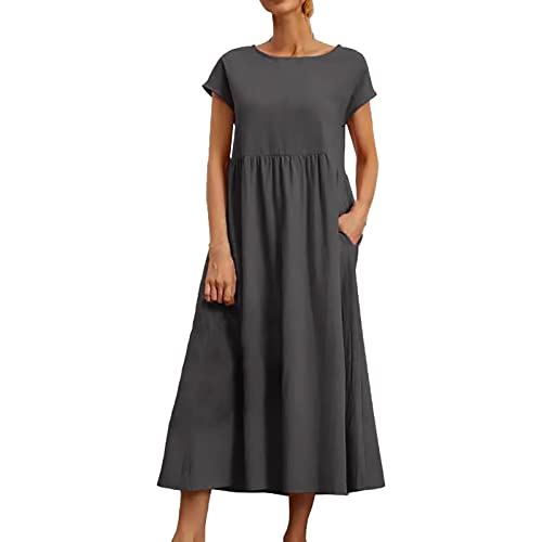 biJerou Damen Kleider Festlich lockeres Kleid aus Baumwolle und Leinen mit Rundhalsausschnitt Sommerkleid Elegant Locker Midikleid Kurzarm Leicht Luftig Kleid Tailliert Weite Strandkleid mit Taschen von biJerou