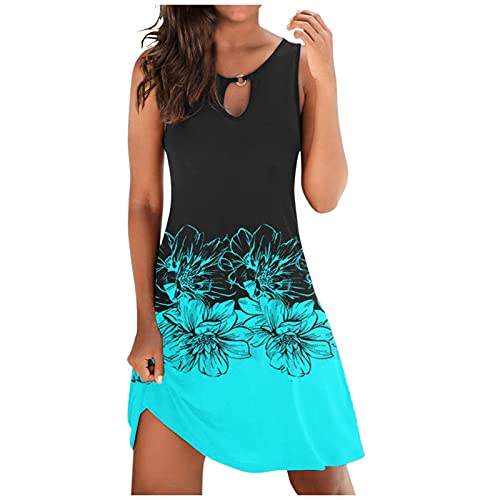 biJerou Damen Knielang Strandkleid Ärmellos Swing Tunika Lässiges Kleid Elegant Boho Frauen Blusenkleid Festlich Blumendruck Minikleid lockeres Kleid Blumendruck Ärmellos Minikleid Mädchen Kleider von biJerou