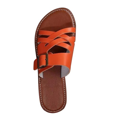 biJerou Damen One Line Buckle Hohlhausschuhe Flache Freizeitsandalen Schuhe Damen Sandaletten Gelb (Orange, 36) von biJerou