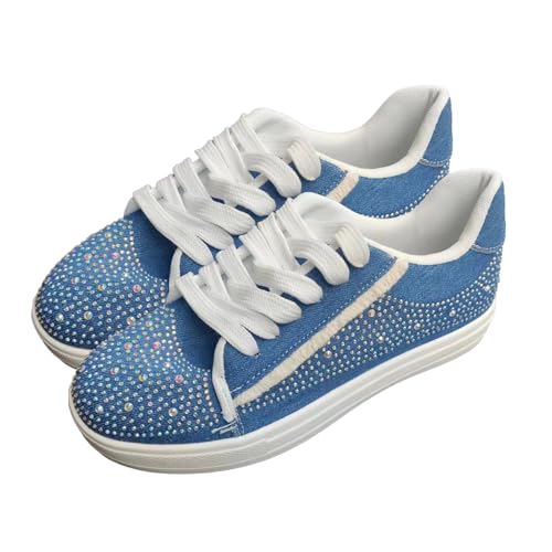 biJerou Damen Plateau Schuhe 37 mit Flacher Sohle und Schnürung vorne aus Strassstoff-Freizeitschuhen Schuhe Für Geschwollene Füße Damen (Blue, 37) von biJerou