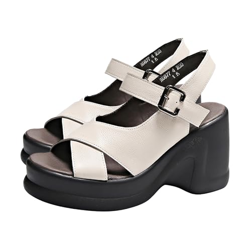 biJerou Damen Sandalen Günstig mit einfachem Slope-Absatz und dicker Sohle und hohem Absatz Offene Schuhe Damen Sandalen (White, 35) von biJerou