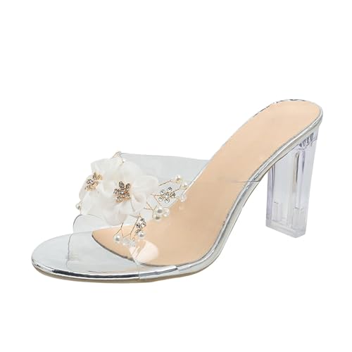 biJerou Damen Sommer Kristall Dicker Absatz Transparent Slope Heel High Heel Schuhe Sandalen Schuhe Für Einlagen Damen Weit (White, 39) von biJerou