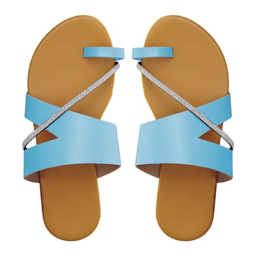 biJerou Damen Strand-Clip-Zehen-Hausschuhe, hohle lässige Hausschuhe, flache Schuhe, Vintage-Sandalen Damen Schuhe Mit Absatz 41 (Blue, 42) von biJerou