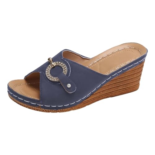 biJerou Damen Strand Hausschuhe mit Slope Heel Hohl Casual Hausschuhe Slope Bottom Schuhe Retro Sandalen Blaue Schuhe Damen Halbschuhe (Blue, 40) von biJerou