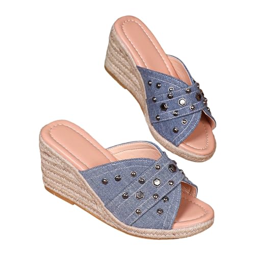 biJerou Frauen Strand Slope Heel Hausschuhe Hohl Casual Hausschuhe Slope Bottom Schuhe Retro Sandalen Atmungsaktive Schuhe Damen Krankenhaus (Blue, 36) von biJerou