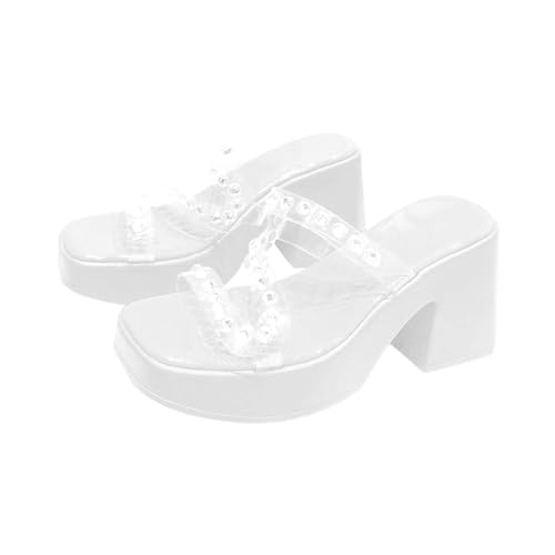 biJerou Frauen Strand Slope Heel Hausschuhe Strass One Strap High Heel Hausschuhe Plattform Dicke Unterseite Slope Heel Sandale Hausschuhe Schuhe Damen Sohle (White, 36) von biJerou