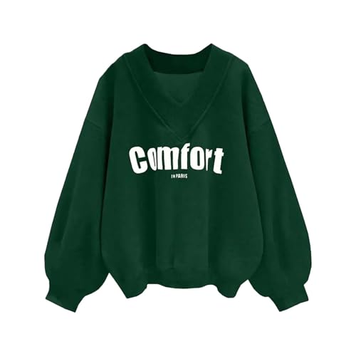 biJerou Hellblaues Sweatshirt Komfort IM Print Hoodie Lässig Locker Vielseitiges V-Ausschnitt Top Ski Pullover Für Damen (Mint Green, M) von biJerou