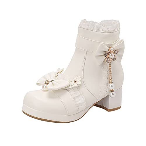 biJerou Lederstiefel Damen Winter Wunderschöne Mary-Janes Schuhe Mittlere Absätze Lolita Schuhe Stiefeletten Cute mit Klobiger Absatz Chic Winterstiefel mit Schleife Damen Stiefel von biJerou