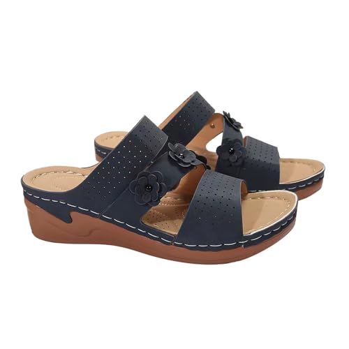 biJerou Maus Damen Schuhe mit Schrägabsatz, Dicker Sohle, einfarbig, gerade Linie und Blumendekoration Leoparden Schuhe Damen Slipper (Navy, 42) von biJerou