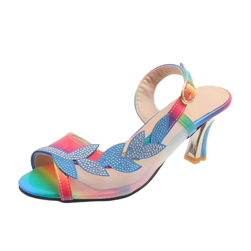 biJerou S. Damen Schuhe für Damen, klobiger Absatz, eine Schnalle, Strass-Mesh-Sandalen, Damen-High-Heel-Sandalen Schuhe Für Einlagen Damen Orthopädische (Blue, 36) von biJerou