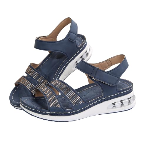 biJerou Sommer-Sandalen für Damen mit dicker Sohle und geneigtem Absatz, große Einheitsgröße, glitzerndes Wasser, Diamantkissen Damen Schuhe Keilabsatz Slipper (Blue, 36) von biJerou