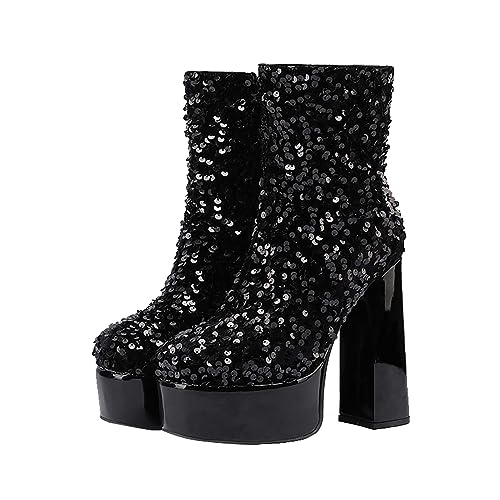 biJerou Stiefel Damen Plateau Boots Modische Kurzstiefel mit Klobiger Absatz Glitzer Lässig Schuhe Mode Pailletten Stiefeletten Seitlichem Reißverschluss Winterboots Damen Winterstiefel von biJerou