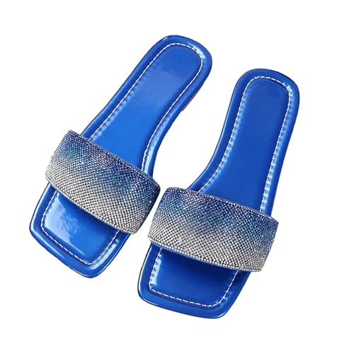 biJerou Übergroße One-Line-Drag-Strandschuhe und Hausschuhe für Damen mit flachem Boden für den Sommer Trendsession Damen Schuhe (Blue, 39) von biJerou