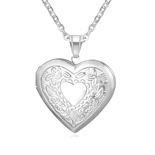 bicup Halskette Ketten Schmuck Herren Frauen Anhänger Necklace Romantische Herz-Medaillon-Anhänger Weibliche Erinnerungskette Für Frauen Silberfarbe von bicup