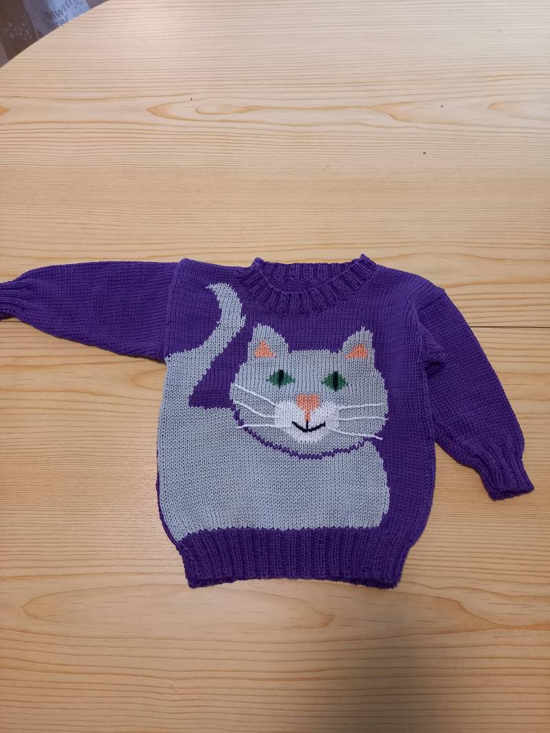 Selbstgestrickter Kinderpullover Mit Katzenmotiv Größe 74/80 von bieneswollwunderwelt