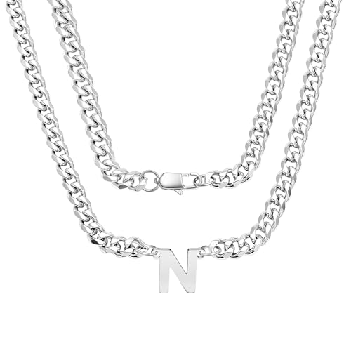 Silber 26 Buchstaben Initial A-Z Kubanische Link Kette Halskette Geschenk für Männer Jungen Vater Sohn Neffe Freund Mann Geburtstag Weihnachten Vatertag Klassische Panzerkette (N) von bifriend