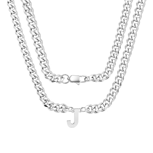 bifriend Silber 26 Buchstaben Initial A-Z Kubanische Link Kette Halskette Geschenk für Männer Jungen Vater Sohn Neffe Freund Mann Geburtstag Weihnachten Vatertag Klassische Panzerkette (J) von bifriend