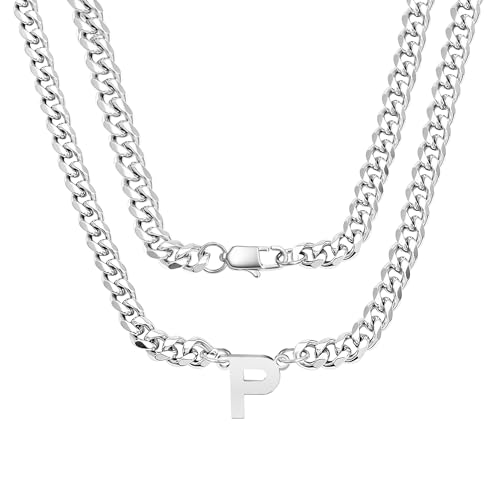 bifriend Silber 26 Buchstaben Initial A-Z Kubanische Link Kette Halskette Geschenk für Männer Jungen Vater Sohn Neffe Freund Mann Geburtstag Weihnachten Vatertag Klassische Panzerkette (P) von bifriend