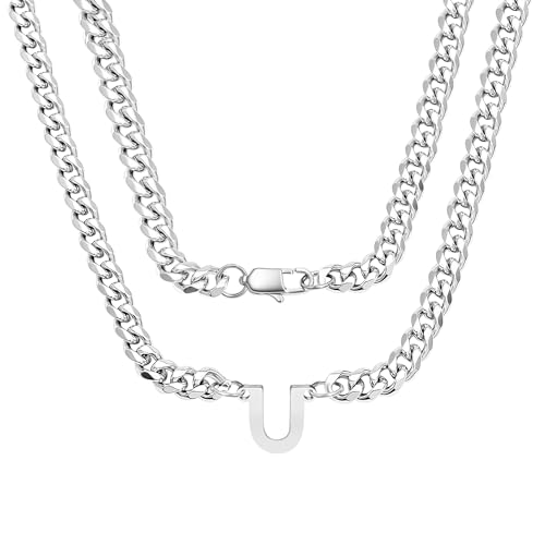 bifriend Silber 26 Buchstaben Initial A-Z Kubanische Link Kette Halskette Geschenk für Männer Jungen Vater Sohn Neffe Freund Mann Geburtstag Weihnachten Vatertag Klassische Panzerkette (U) von bifriend